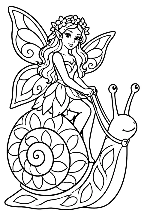 Fairy riding a snail coloring page