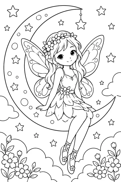Fairy sitting on a crescent moon coloring page