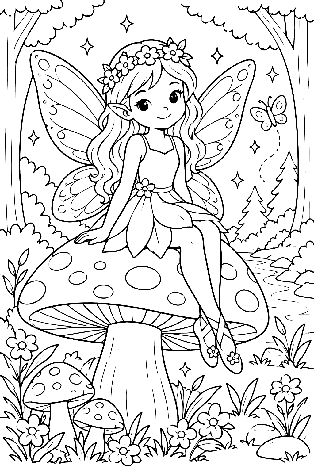 Fairy sitting on a mushroom in a forest coloring page