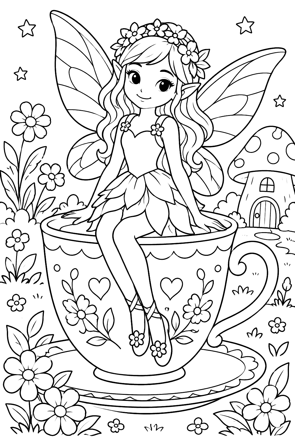 Fairy sitting on a teacup coloring page