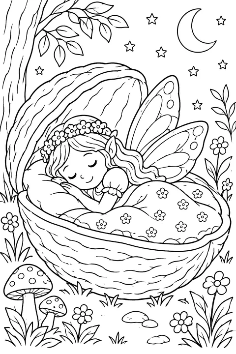 Fairy sleeping in a walnut shell bed coloring page