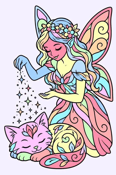 Fairy sprinkling magic dust on a sleeping kitten coloring page