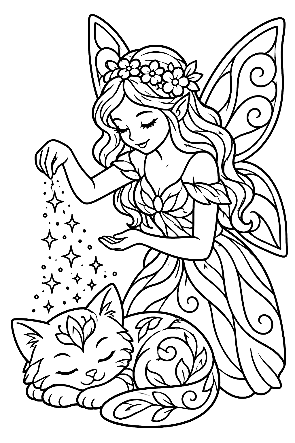 Fairy sprinkling magic dust on a sleeping kitten coloring page