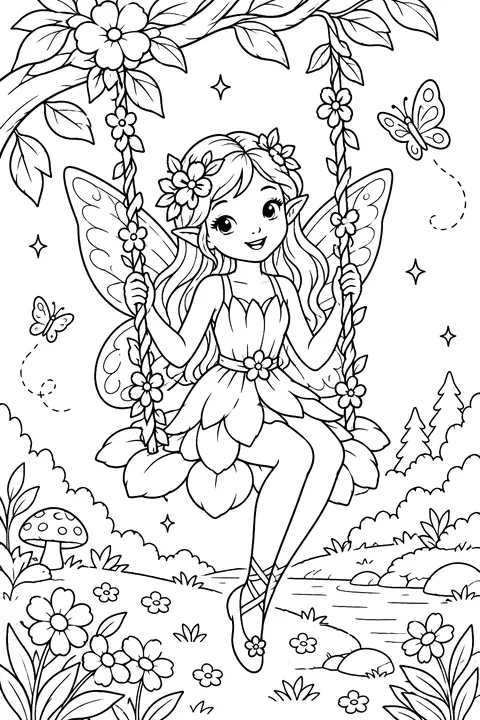 Fairy swinging on a flower swing coloring page