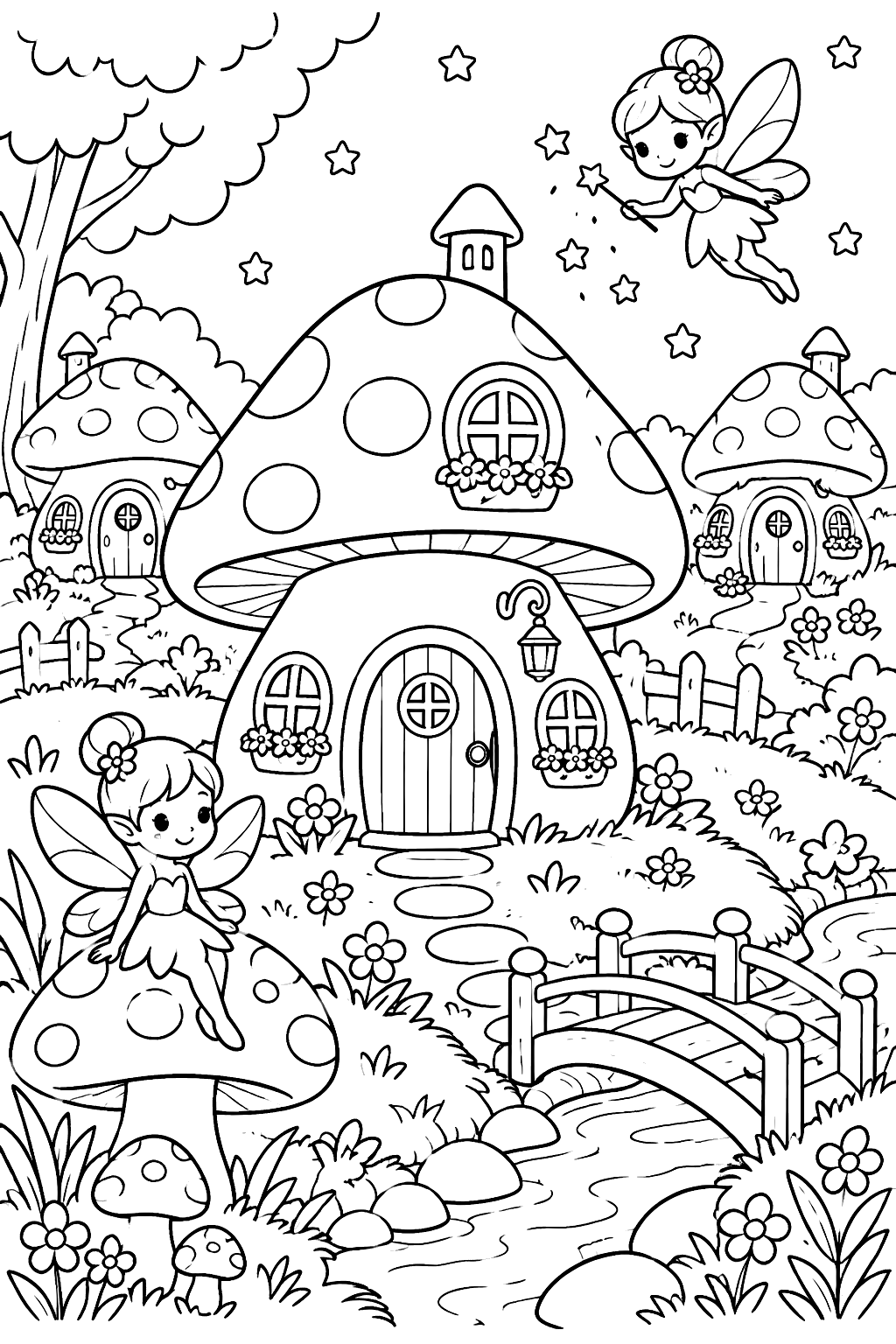 Fairy village of mushroom houses coloring page