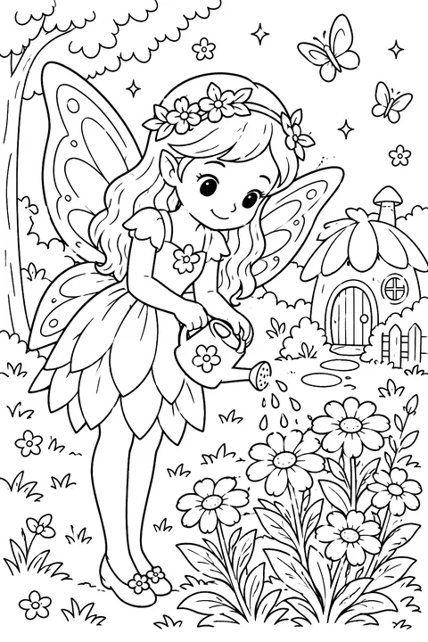 Fairy watering flowers with a tiny watering can coloring page
