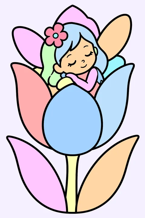 Flower fairy sleeping inside a tulip coloring page