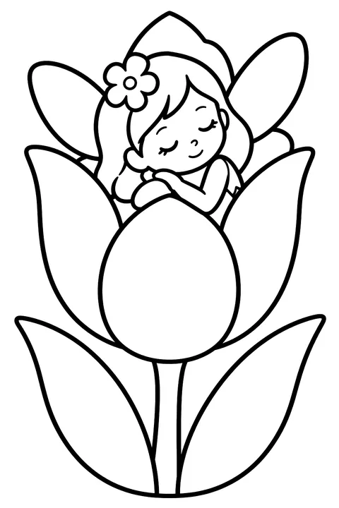 Flower fairy sleeping inside a tulip coloring page