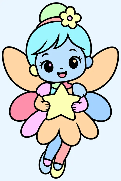 Kawaii fairy holding a star coloring page