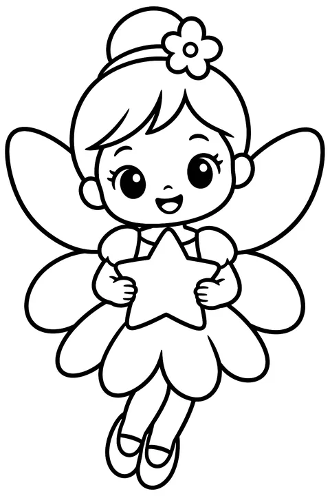 Kawaii fairy holding a star coloring page