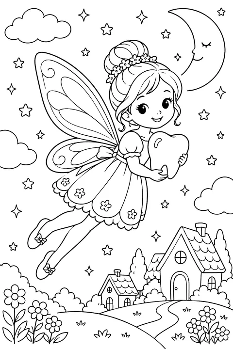 Tooth fairy carrying a tooth under the moon coloring page