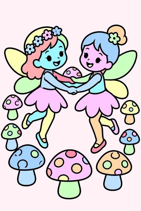 Two fairies dancing in a ring of mushrooms coloring page