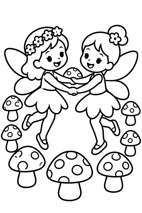 Two fairies dancing in a ring of mushrooms coloring page