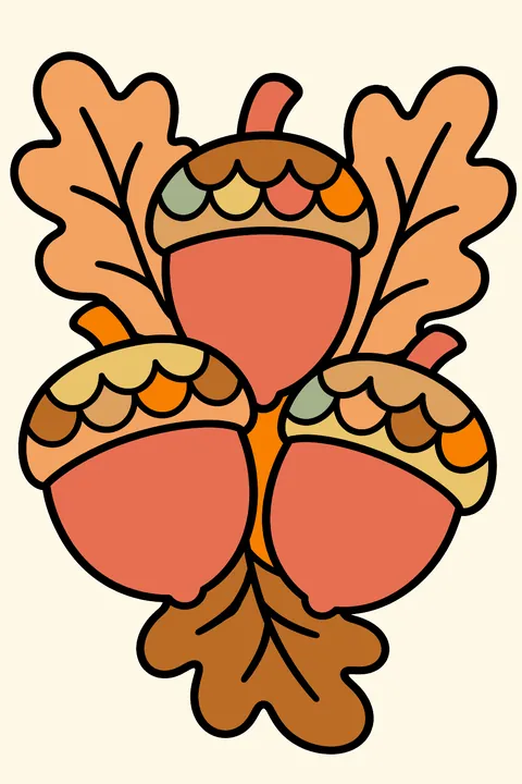 Three big acorns with oak leaves coloring page