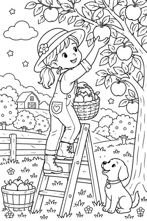 A child on a ladder picking apples into a basket in an orchard coloring page
