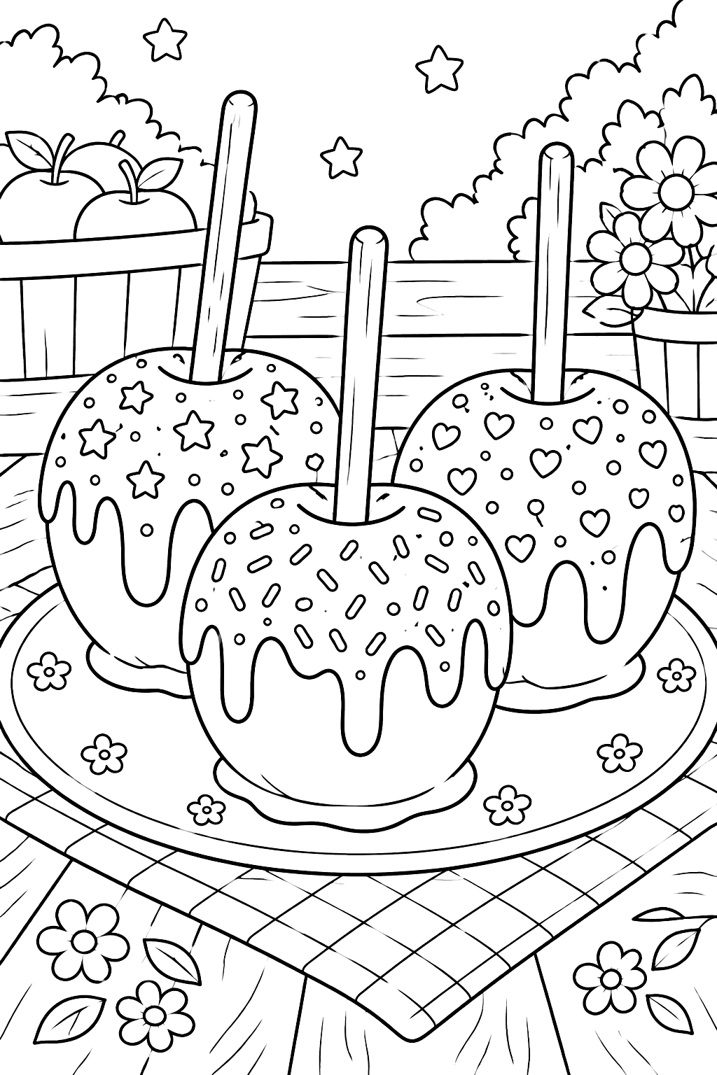 Three caramel apples on sticks with drips and sprinkles on a plate coloring page