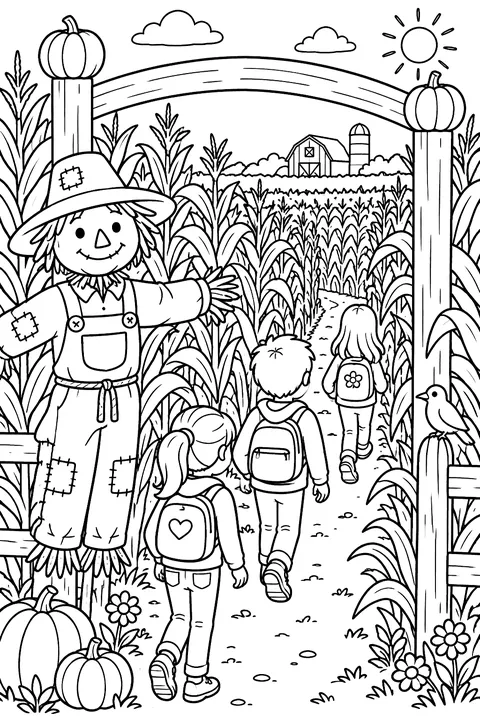 Kids walking through a tall corn maze with a scarecrow at the entrance coloring page