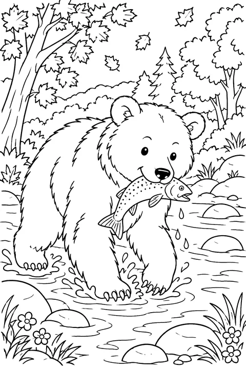 A bear catching a fish in a stream with autumn trees coloring page