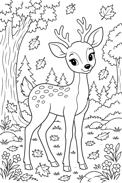 A deer standing in an autumn forest with falling leaves coloring page
