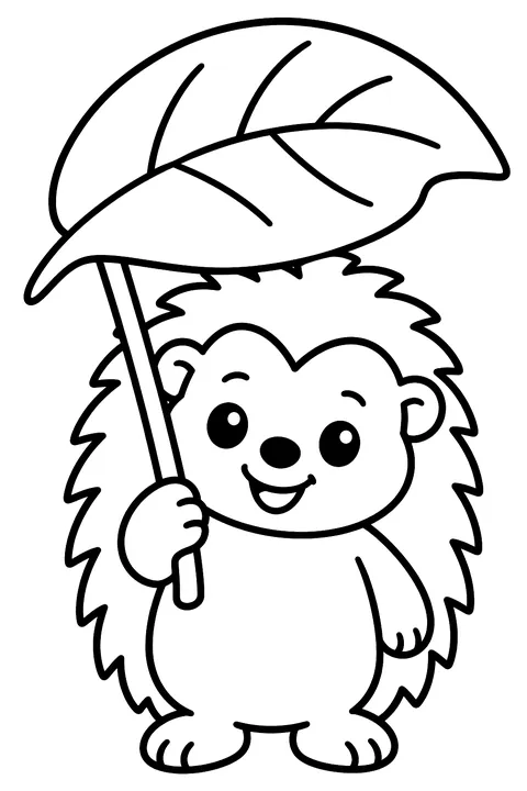 A hedgehog holding a big leaf as an umbrella coloring page