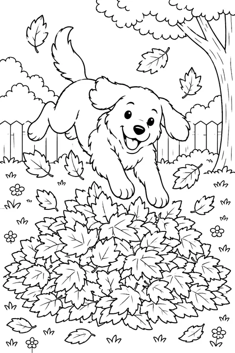 A dog jumping into a big pile of autumn leaves coloring page
