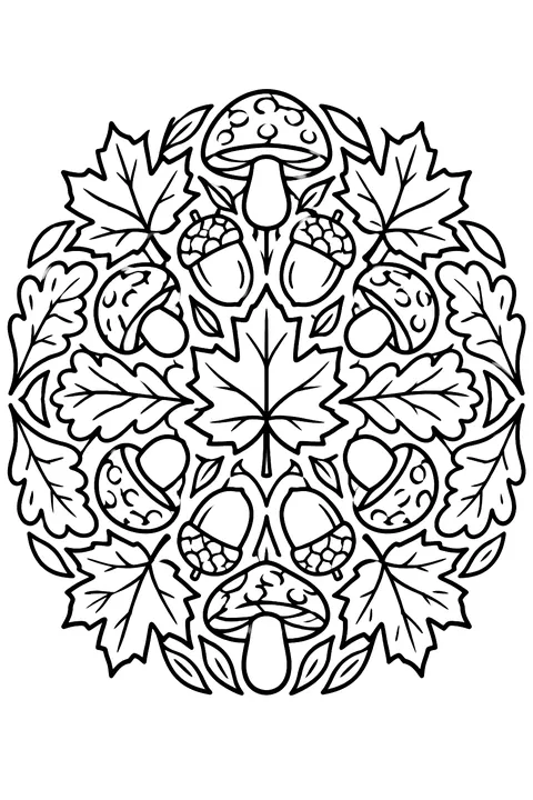 A round mandala of maple and oak leaves, acorns and mushrooms with bold closed shapes coloring page