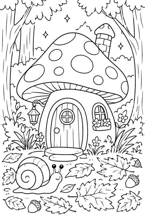 A tiny mushroom house in the forest with fallen leaves and a snail coloring page