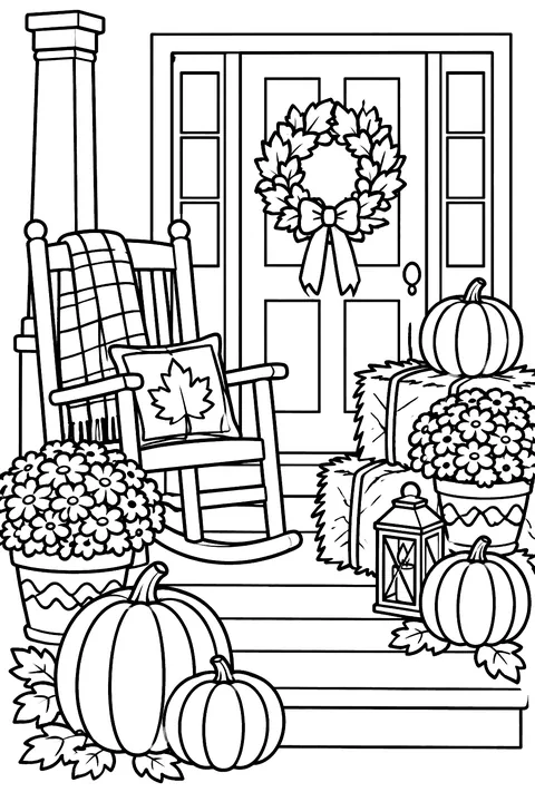 A front porch decorated with pumpkins, hay bales, mums and a rocking chair coloring page