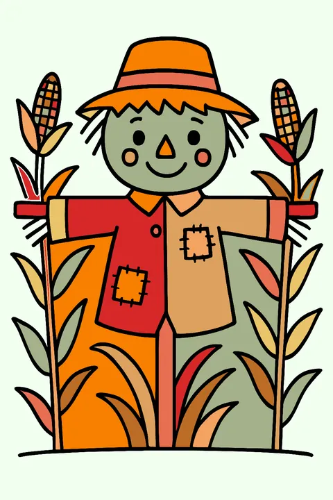 Scarecrow with a straw hat in a cornfield coloring page