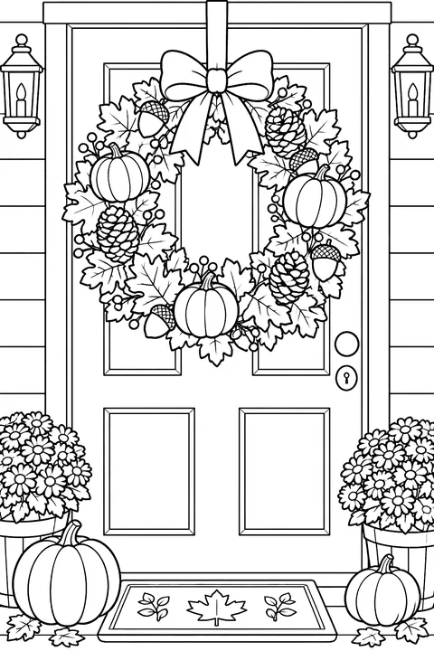 A door wreath made of autumn leaves, acorns, pinecones and small pumpkins coloring page