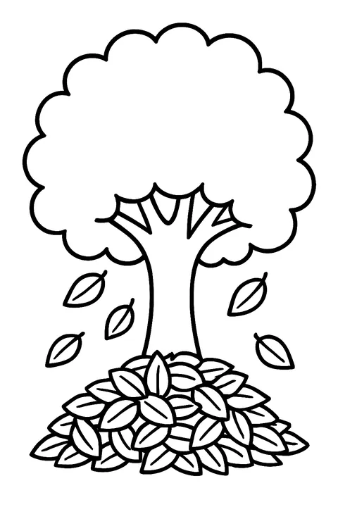 Tree dropping leaves onto a pile coloring page