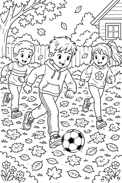 Kids playing soccer in a yard full of autumn leaves coloring page