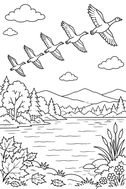 Geese flying in a V over an autumn lake coloring page