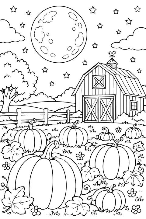 A big full moon over a field of pumpkins and a barn coloring page