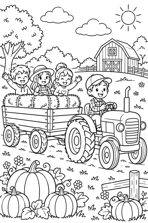 A tractor pulling a wagon full of hay bales and happy kids past pumpkins coloring page