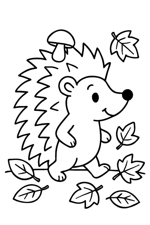 Hedgehog walking through autumn leaves coloring page