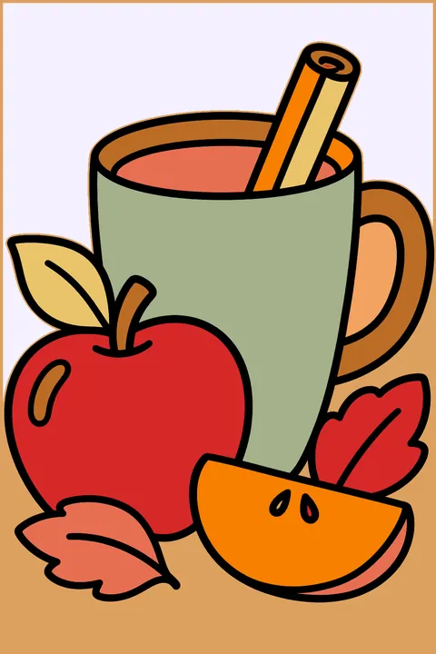 A mug of apple cider with a cinnamon stick next to apples and leaves coloring page
