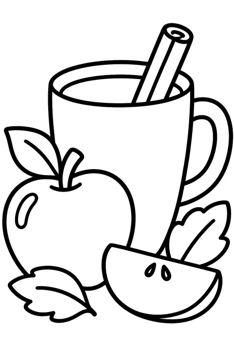 A mug of apple cider with a cinnamon stick next to apples and leaves coloring page