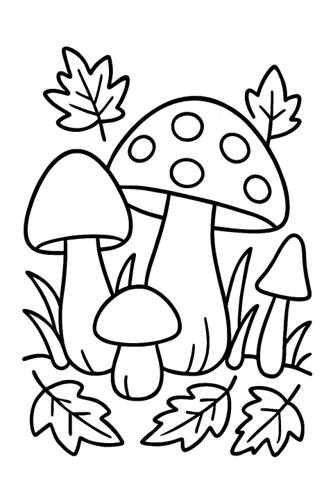 Mushrooms growing among leaves and grass coloring page