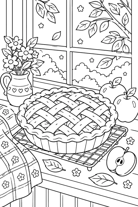 A freshly baked apple pie with a lattice crust cooling on a windowsill with leaves outside coloring page