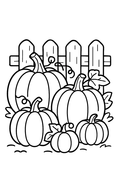 Pumpkins with vines in front of a wooden fence coloring page