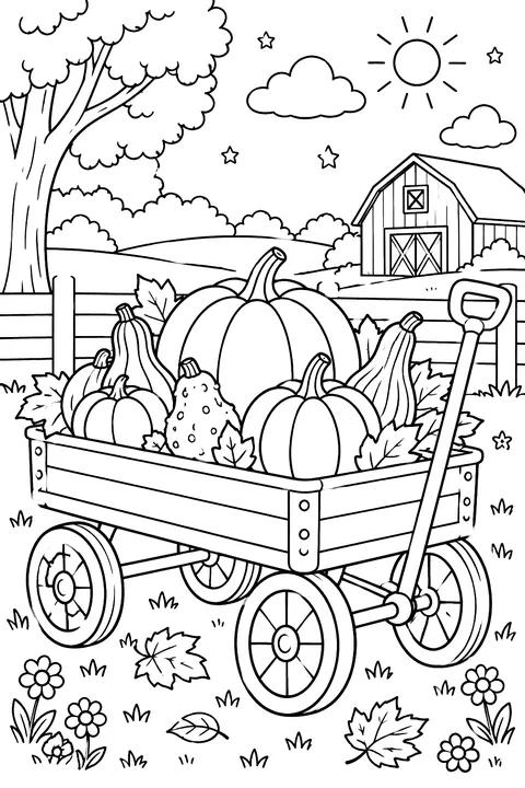 A little red wagon full of pumpkins and gourds coloring page