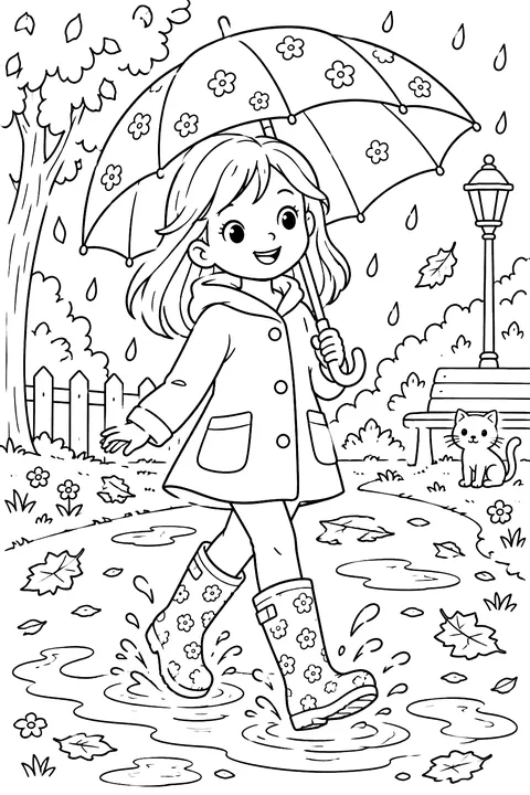 A child with an umbrella and rain boots walking through puddles and leaves coloring page