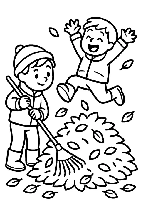 Two kids raking and jumping into a leaf pile coloring page