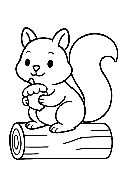 Squirrel holding an acorn on a log coloring page