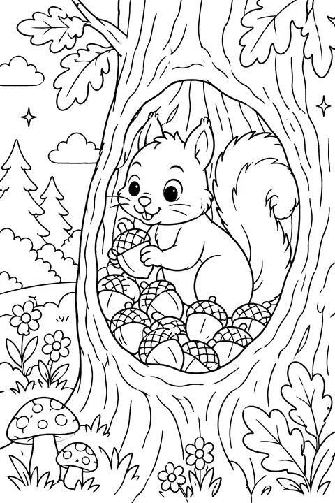 A squirrel hiding acorns in a tree hollow full of nuts coloring page