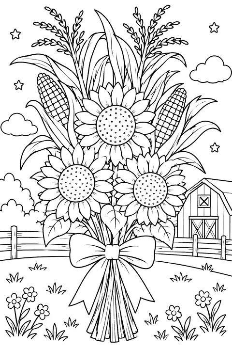 Sunflowers and corn stalks tied with a ribbon coloring page