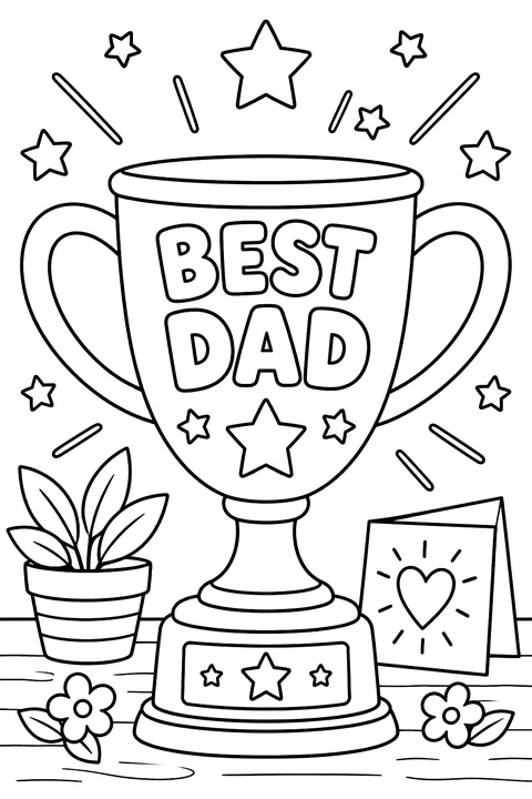 a trophy cup with the words BEST DAD on it and stars around coloring page