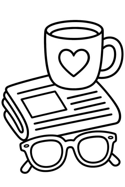 a coffee mug with a heart, a newspaper and glasses on a table coloring page