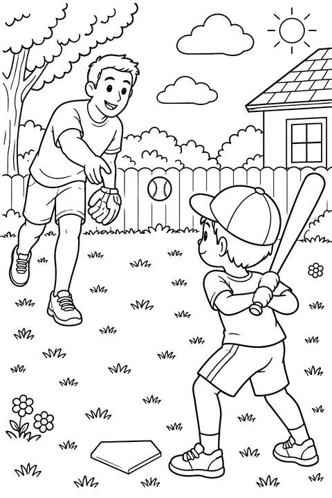 a father pitching a ball to a child holding a bat coloring page